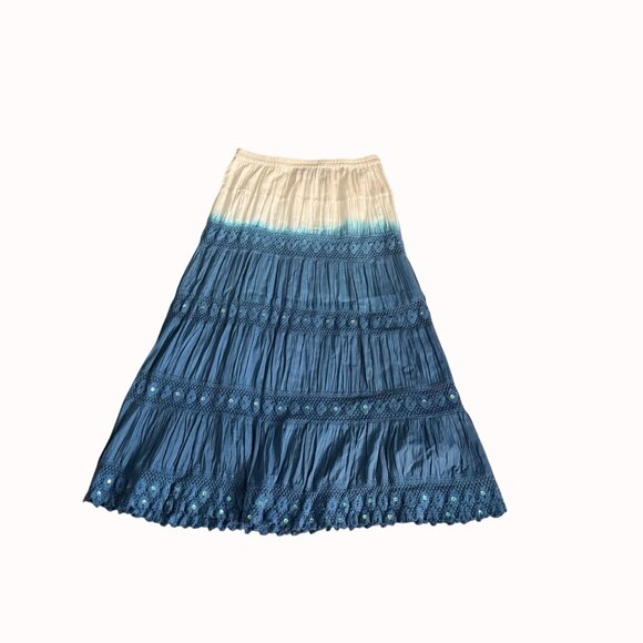 Boho Chic Broomstick Maxi Skirt By Elementz Size S Blue White Ombre Eyelet Sequi - Picture 5 of 16
